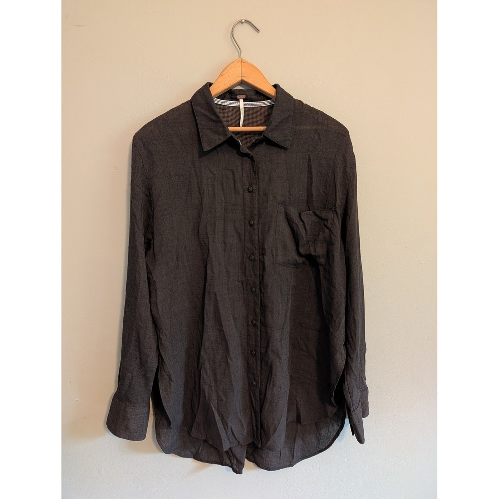 Free People Chocolate Brown Textured Button Down Shirt Oversized Lightweight Med